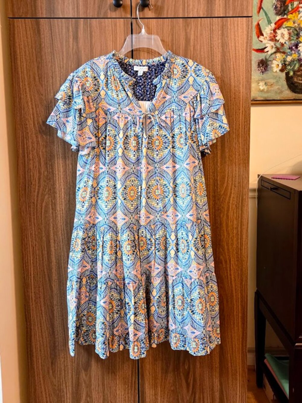 Current Air sz M (8-10) Ruffled MultiColor Pattern Lined Midi Dress Flutter Slee
